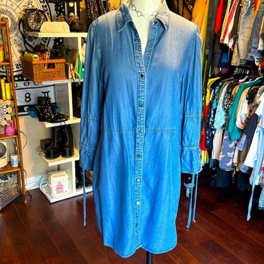 Express denim dress 3/4 sleeve subtle ruffle sleeve button front curved hemline